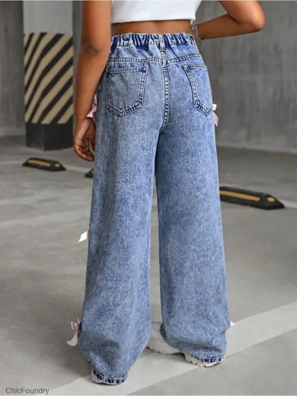 Girls Baggy Wide Leg Bow Jeans High Elastic Waist Y2K Streetwear Denim Pants